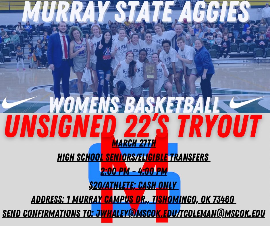 🚨OPEN TRYOUTS🚨 
Any and all unsigned seniors/eligible transfers come join us this weekend at Murray State College for a chance to become a part of the team and prove you have what it takes as either a walk-on or as a scholarship player! 

#GoAggies || #ENERGY🗣