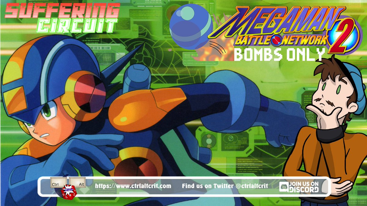CtrlAltCrit's tweet photo. We're finally doing it! The Bombs Only runs continue! #MegaMan Battle Network 2 will be played on Suffering Circuit tonight at 8:00 PM CST! If this is your first Bombs Only viewing, join us tonight on Twitch to get the lowdown on the stipulation! #MMBN #Suffering #BombsOnly https://t.co/2k3mF8NP5N