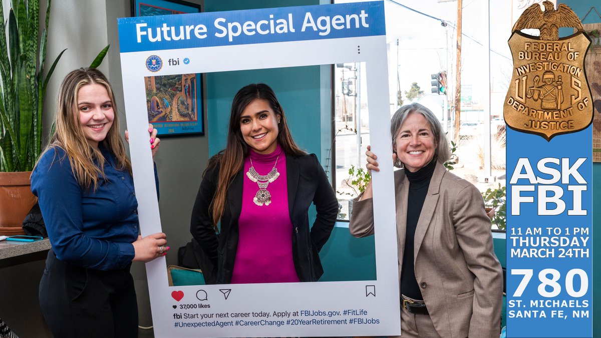 FBIAlbuquerque's tweet photo. Getting to know the #FBI can be fun! (Unless you're running from the law.) If you're not, drop by Starbucks, 780 St Michaels Dr., in Santa Fe on Thursday 11am to 1pm. We can talk about jobs at the Bureau or how we can work together to keep our community safe. #AskFBI https://t.co/D5TVQTpZ24
