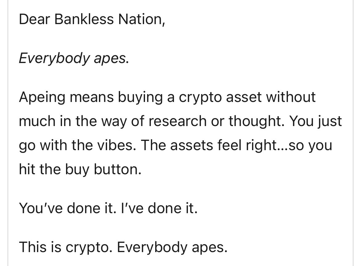 lukeburgis's tweet photo. It's so funny to me that "apeing" into crypto just means 'going with the vibe'. In Shakespeare's day, "to ape" simply meant "to imitate". That's it. https://t.co/on7QEB5HcA