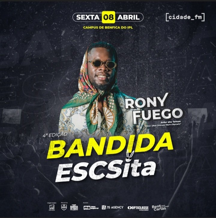 ae_escs's tweet photo. Rony Fuego dispensa apresentações! O autor de grandes hits como “Bem-Disposto”, “Dado” e “NN.”, com Julinho KSD, vai estar presente nesta que vai ser a melhor edição da #BandidaESCSita de sempre 🍻
Esperamos por ti, bandido/a! #AEESCS https://t.co/JVhDDrCS2V