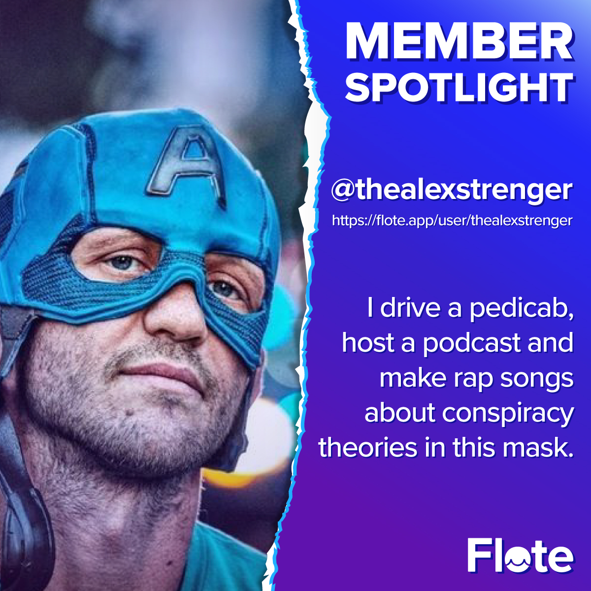 FlexSocial_io's tweet photo. https://t.co/bc4Qeo85xP member Alex Strenger is a comedian, writer, music video producer, podcaster, pedicab driver and occasional candidate for public office.
See his work at https://t.co/wbCv1bxikE
#Flote #MemberSpotlight @thealexstrenger #pedicab #podcast #mask https://t.co/HyveMtMIKo