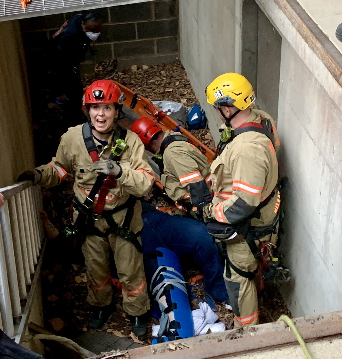 Great job today By DCFD in the Rescue of a woman that had fallen through a steel grate into a confined space