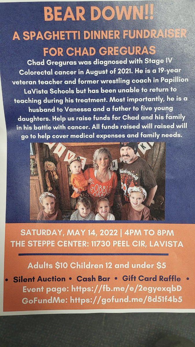 sgexner's tweet photo. Chad teaches at Gayle’s school and was Kamryn and Emersyn’s PE teacher. Great guy and has a family to take care of as he is fighting this cancer. If you have gift cards/silent auction items you can donate let me know. Sports items seem to get the most $$ donated. https://t.co/5oR6unAHaf