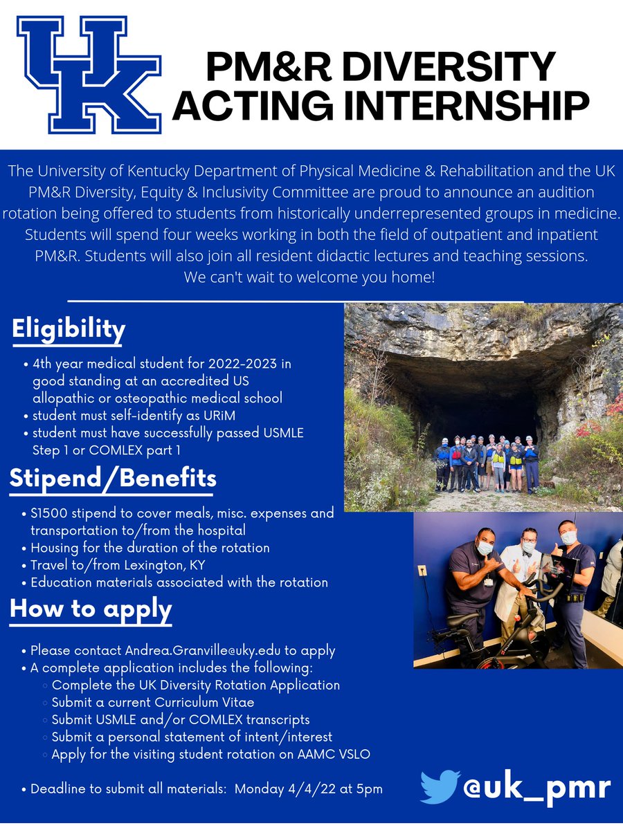 We are so excited to announce a new rotation opportunity this upcoming year sponsored by the <a href="/uk_pmr/">University of Kentucky PM&R</a> DE&amp;I committee. Learn how to apply below 👇! If you have questions, reach out to <a href="/uk_pmr/">University of Kentucky PM&R</a> <a href="/JamieKeyDO/">Jamie Key, DO</a> or <a href="/DrNick_DO/">Nick Elwert, DO, MS</a> #physiatry #Match2023