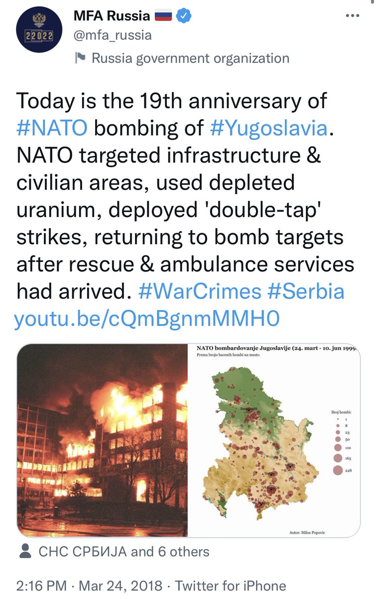 ivanastradner's tweet photo. Every year since 1999, the Kremlin has spread propaganda and disinformation to malign NATO on March 24th. Why? Because it is the anniversary of an airstrike against Serbian military targets.
 
@NovelSci, @IanRicksecker and I have decided to preemptively debunk the false claims.🧵 https://t.co/hDneTAPIsj