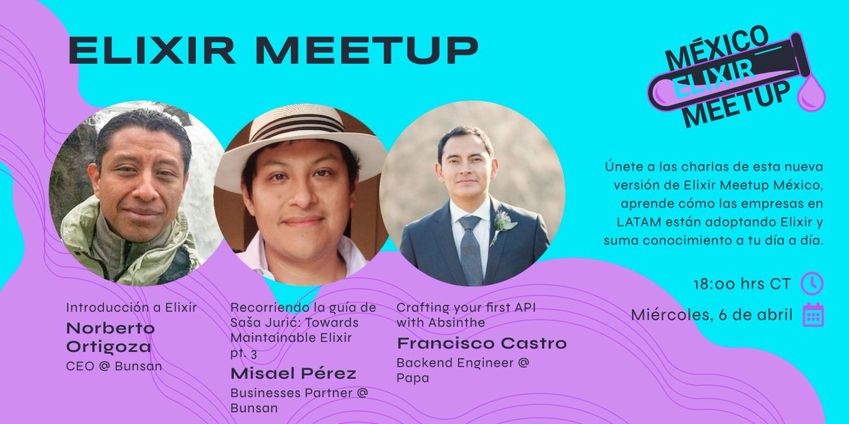 ElixirLangMx's tweet photo. ¡Es hoy, es hoy! 🤓 El #MeetupElixir de este mes es hoy, recuerda que es transmisión en vivo en nuestro canal de #YouTube y #Twitch, ¡nos vemos en unas horas!

#ElixirMeetup #ElixirLang #ElixirMX https://t.co/QHbB2T2oow