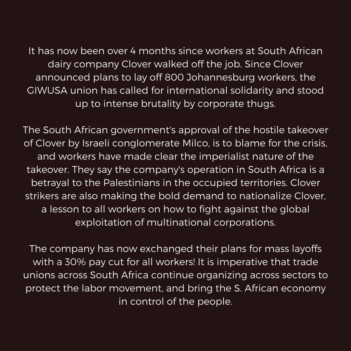 pghSA's tweet photo. Clover strikers are making the bold demand to nationalize #Clover, a lesson to all workers on how to fight against the global exploitation of multinational corporations. 2-
#cloverstrike https://t.co/WIGQSEpzK1