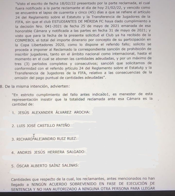 Luis_MontillaG's tweet photo. Los 5 jugadores que no tienen acuerdo con el club:

Jesús Álvarez Arocha
Luis Castillo Patiño
Richard Ruiz Ruiz
Andris Herrera Salgado
Óscar Sainz Salinas

Estudiantes de Mérida FC

Cámara de resolución de disputas @FVF_Oficial N086-2022

#VenezuelaEsFUTVE #FVF #23Mar https://t.co/0xrObXluYu