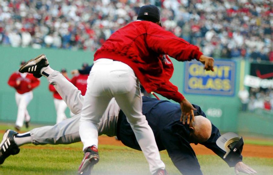 Pedro Martinez throws Don Zimmer to the ground during a scuffle in game 3 o...