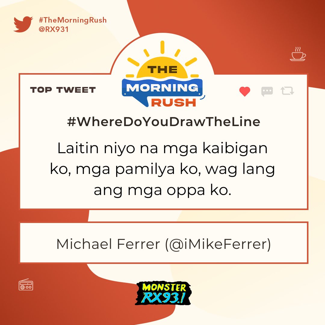 RX931's tweet photo. Top Entry: #WhereDoYouDrawTheLine from @iMikeFerrer #TheMorningRush https://t.co/XTQ111HEyv