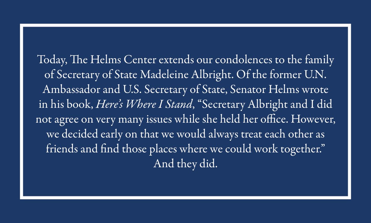HelmsCenter's tweet photo. Secretary of State @madeleine was an amazing example of leadership and courage. Thank you for so many years of dedicated service. https://t.co/bXKJyjDnGS