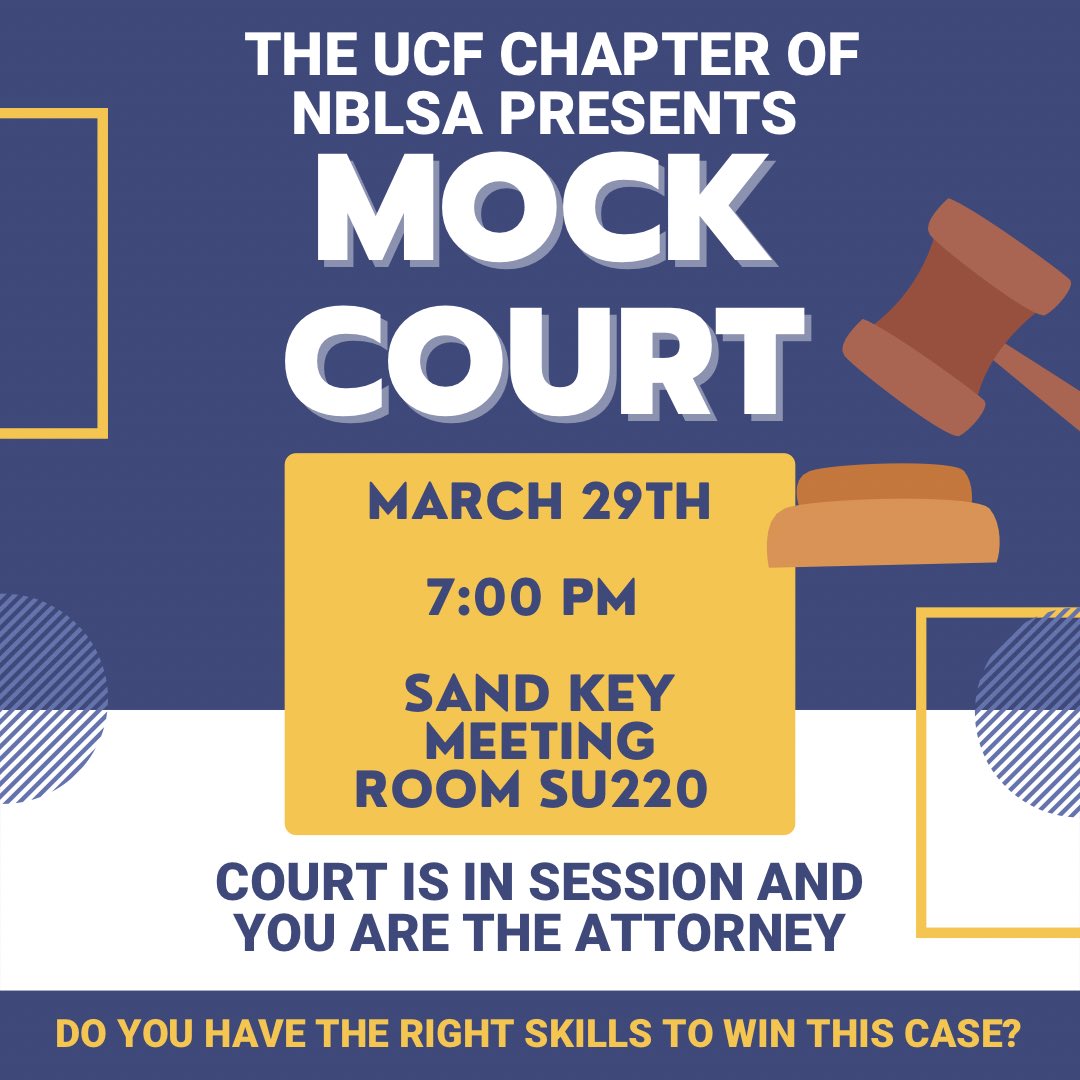 UCFNBLSA's tweet photo. Do you think you have all the skills to win the case? Come out to our GBM on March 29th and find out at our mock court. See you soon! 👩🏾‍⚖️👨🏾‍⚖️🖤💛 https://t.co/6D8ewgVqtR
