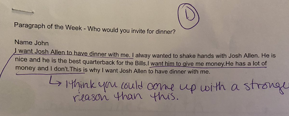 ShanV11's tweet photo. With all due respect to my 2nd grade son’s teacher…I think that’s a pretty strong reason to want to have dinner with @JoshAllenQB 🤣🤷🏻‍♀️🤑#BillsMafia #BuffaloBills https://t.co/zVulIsOc0r