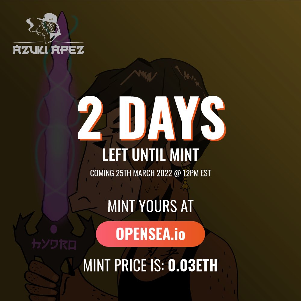 AzukiApez's tweet image. Only 2 Days remaining until Mint 🚀on @opensea Giving away 5 WL spots on our @discord to mint at 50% OFF the first day only to the people that RT and tag the most friends and reply to this tweet. #NFTGiveaway #NFT #WLGiveaway #WAGMI #RETWEEET #LFG