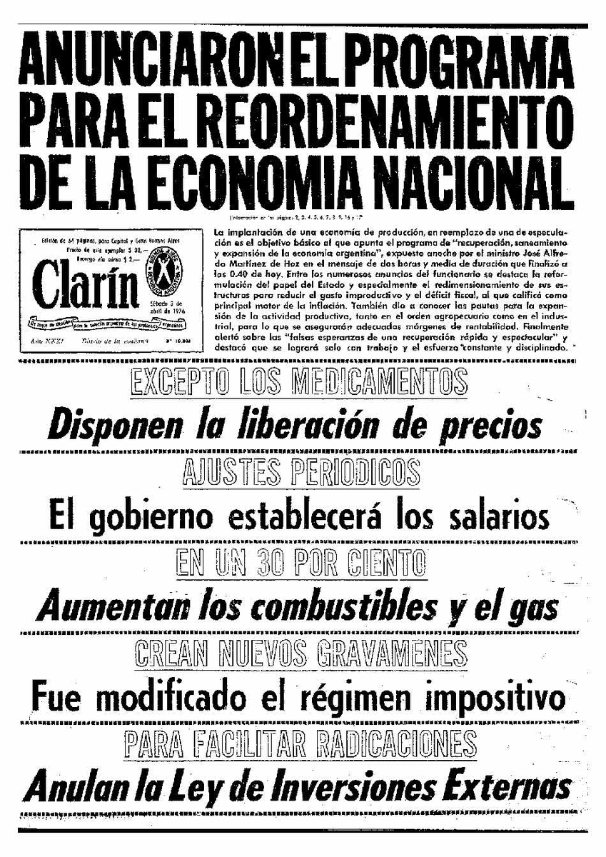 terranova_luc's tweet photo. El 2 de abril de 1976, en un contexto de crisis económica y desborde inflacionario, Martínez de Hoz anuncia su Plan Económico... a lo largo de todo ese año se destaca la imposición de un congelamiento salarial general y la liberalización de los precios... https://t.co/fHq25xMzli