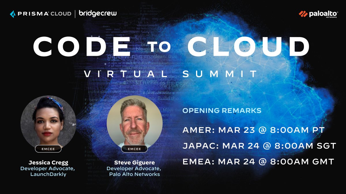 bridgecrewio's tweet photo. Hello JAPAC and night owls! 🦉 Developer Advocates, @JessicaCregg from @LaunchDarkly and our own @_SteveGiguere_, are kicking off the next portion of the 24-hour #CodeToCloudSummit here: https://t.co/L1CZkUkQMd https://t.co/pACDMbVF4s