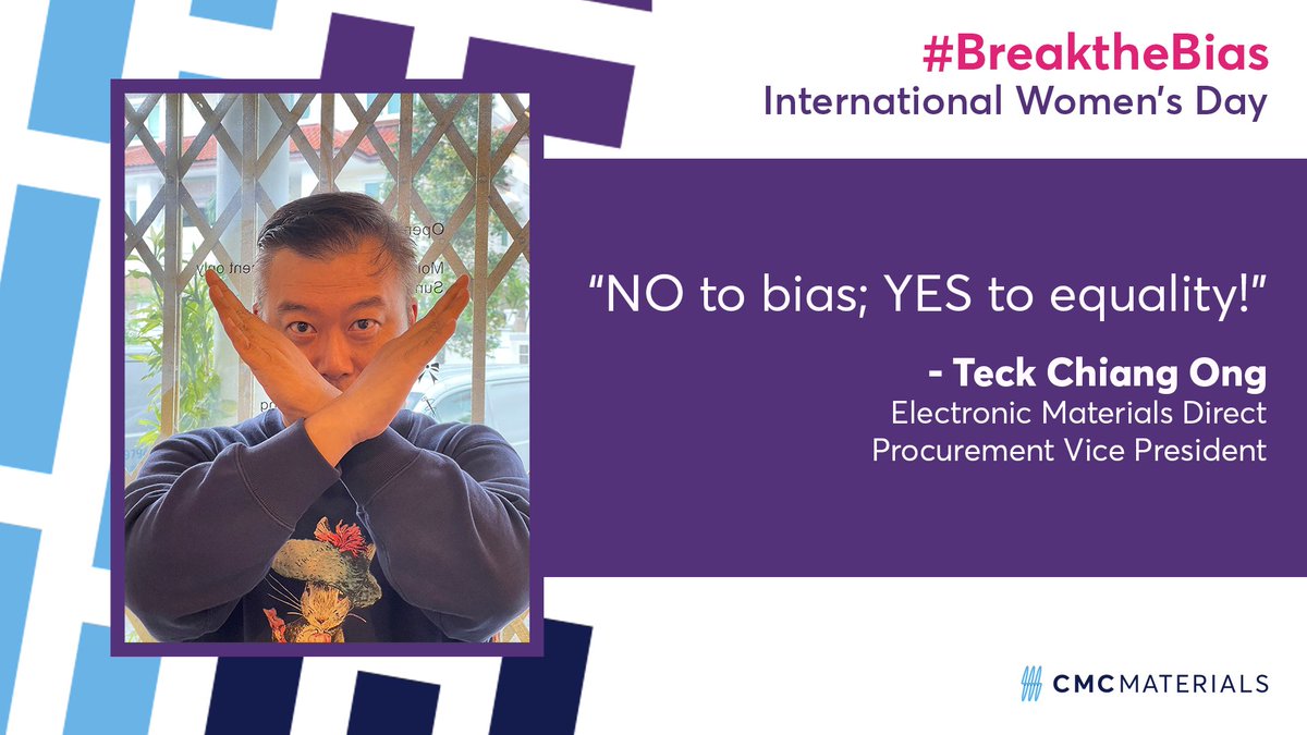 cmc_materials's tweet image. Teck Chiang Ong, CMC Electronic Materials Direct Procurement Vice President based in Singapore, shows his support for #BreaktheBias and women’s equality. bit.ly/3qrYolx
#iamcmc #GoFarTogether #IWD #IWD22 #DiversityinSTEM #WomeninSTEM