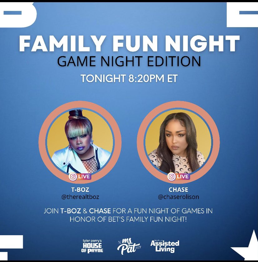 At 8:20pm in a minute Chase and I will be live on our IG’s o hear who got some talent for <a href="/BET/">BET</a> ‘s Family Fun Night