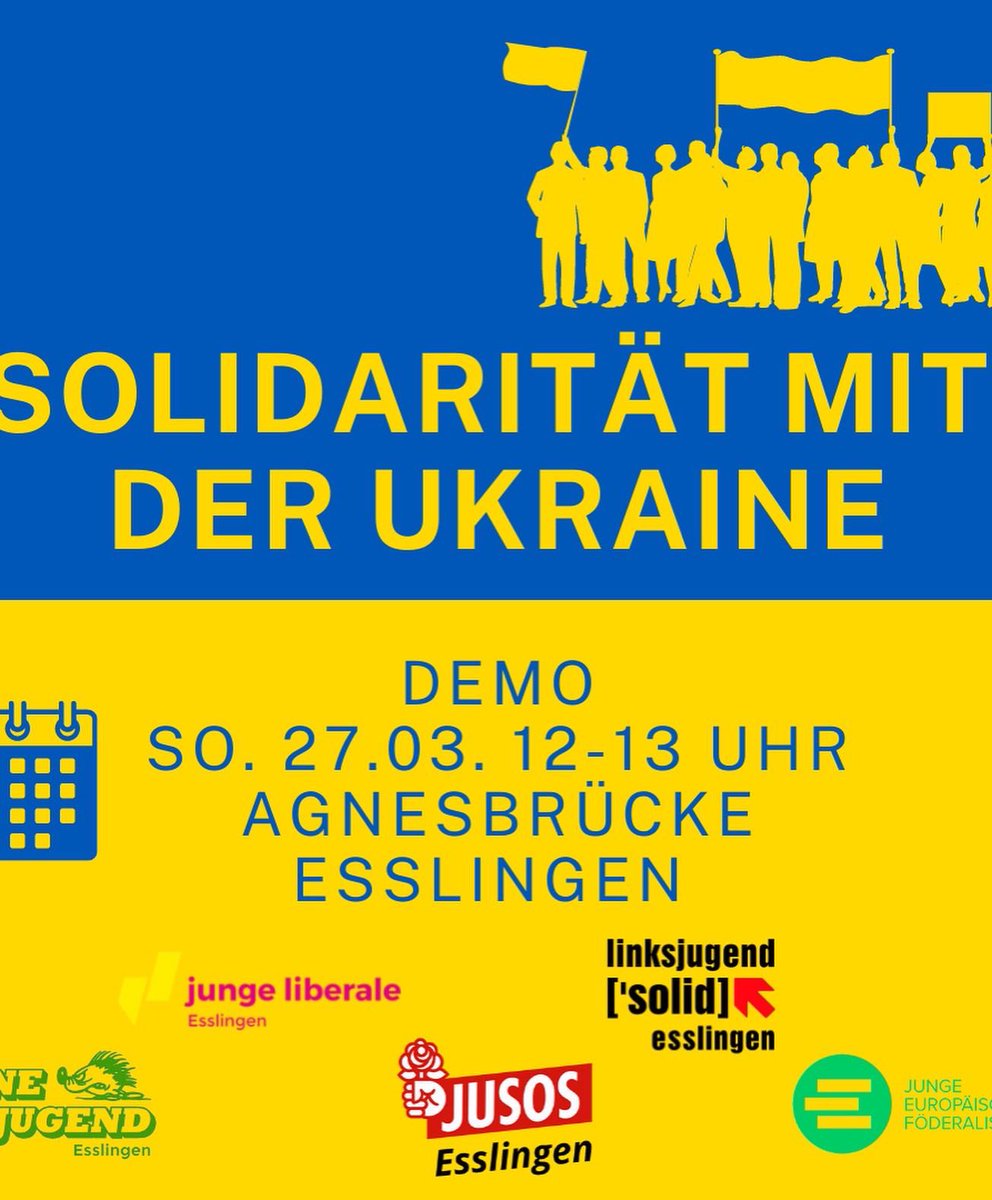 Esslingen, auf die Straße für den Frieden! 🇺🇦
Am Sonntag organisieren wir Jusos Esslingen eine überparteiliche Demo für den Frieden in der Ukraine.
Ich werde dort auch ein paar Worte sprechen. 
Sagt’s weiter und kommt zahlreich! Wir freuen uns auf Eure Unterstützung 💪🇺🇦
