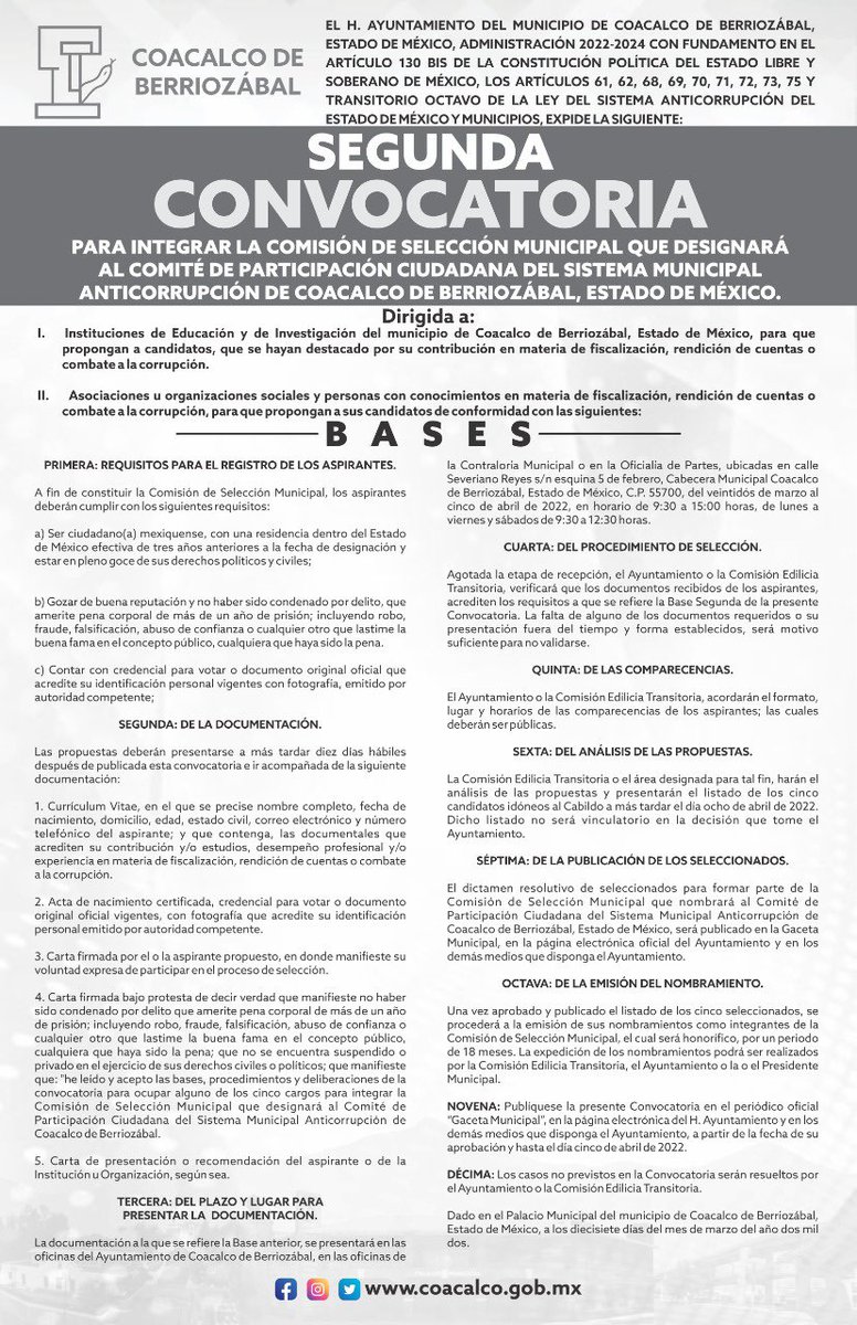 GobCoacalco2022's tweet image. Te compartimos la Segunda Convocatoria para integrar la Comisión de Selección Municipal que designará al Comité de Participación Ciudadana del Sistema Municipal Anticorrupción. Conoce las bases:👇🏼
