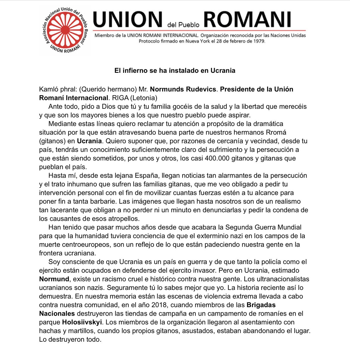 CelsoACaccamo's tweet photo. Carta do Vice-Presidente para Assuntos Exteriores da Unión del Pueblo Romaní, Juan de Dios Ramírez-Heredia Montoya, ao Presidente da União Romani Internacional, Mr. Normunds Rudevics, a respeito dos abusos cometidos por nazis ucranianos contra pessoas ciganas (1/2). https://t.co/K2yUqR5Tge
