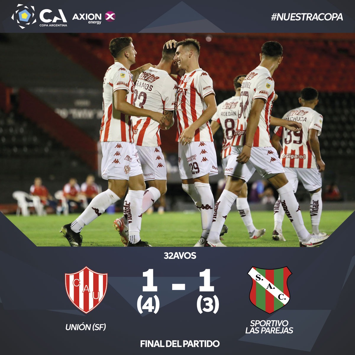 Copa_Argentina's tweet photo. ¡Ganó @clubaunion! ⚪️🔴

⚽ Se impuso 4-3 por penales ante @SportivoAClubLP (1-1 en los 90 minutos) y ya está en los 16avos. de Final ⚽

Será rival de @CAB_oficial 🥳👌

#CopaArgentinaAXIONenergy 🏆 🇦🇷

#NuestraCopa 🙌 https://t.co/6njASgYzwW
