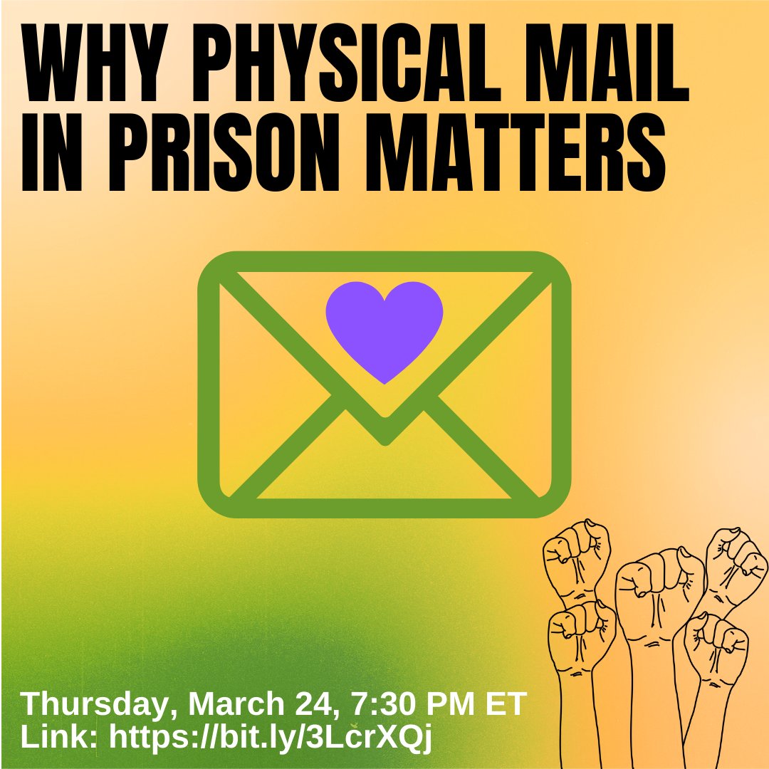 Beyond_Prison's tweet image. ⭐️Physical mail is under attack in Delaware prisons⭐️
Join us Thursday for this panel discussion on the importance of physical mail in prison and how the prison industrial complex works to undermine imprisoned people's ability to meaningfully communicate with their loved ones.