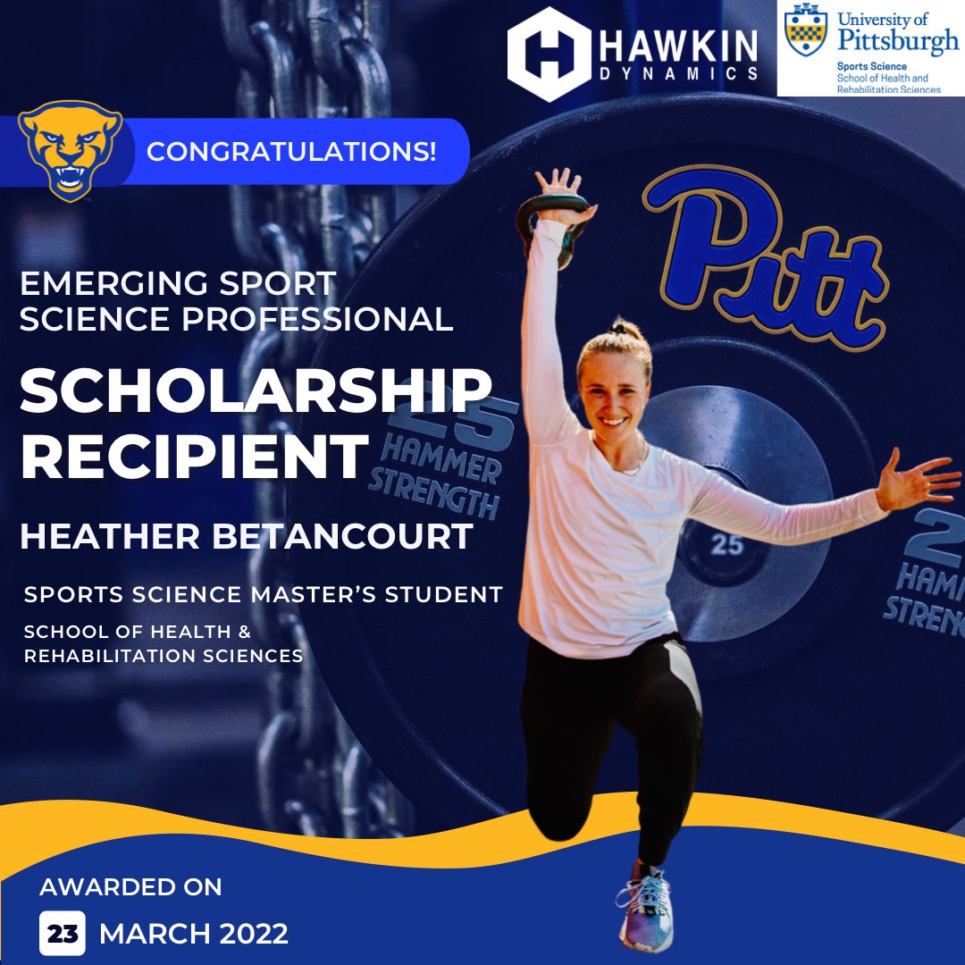 CoachStephMock's tweet photo. 𝑪𝒐𝒏𝒈𝒓𝒂𝒕𝒖𝒍𝒂𝒕𝒊𝒐𝒏𝒔 to our Sport Science master’s student Heather Betancourt on receiving the “Emerging Sport Science Professional Scholarship” today! 

A huge shoutout to @HawkinDynamics for supporting this scholarship and @Darnell_PhD &amp; @PittSHRS #H2P https://t.co/4AP2Z5HuOn