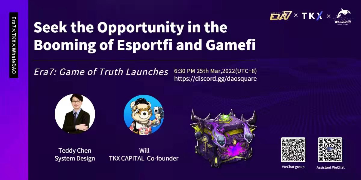 #AMA - #gamefi
💎Topic： Seek the Opportunity in the Booming of EsportFi and GameFi

👨‍💻 Guest: <a href="/WillTKX/">willsays.eth</a>
Will -  TKX Capital. Teddy-Era7
🎁 Reward: $10 X 10
🕣 6:30 PM UTC+8, Mar 25th

Drop your questions👇
#NFT  #Metaverse