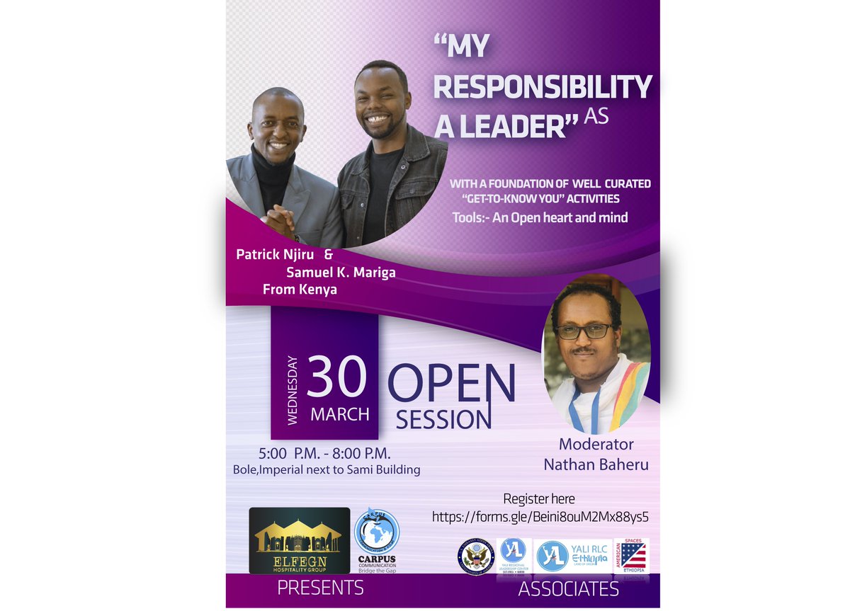 ElfegnG's tweet photo. Are you a leader in Business &amp; Entrepreneurship, Civic Leadership, Public Management?
Elfegn Hospitality Group Presents “My responsibility as a leader” open session 

Register here 
https://t.co/hhzeS4lubu
Time Duration:- 2-hour session 
Date:- March 30th, 2022
+251973981818 https://t.co/QNEaqLO5tF