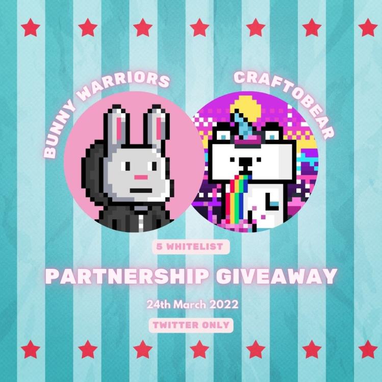 🚨 Bunny Warriors x Craftobear🧸 #Giveaway 🚨 

🏆 5 x WL

To enter:  
1️⃣ Follow <a href="/bunnywarriors_/">Bunny Warriors 🐰💳</a> &amp; <a href="/craftobear/">Crafto Bear NFT</a>
2️⃣ RT + ❤️ 
3️⃣ Tag 3 friends 

Bonus entry - Join our Discord! 
discord.gg/bunnywarriors &amp; discord.gg/craftobear

Ends in 6 hours ⏰
#Solana #NFTCommunity