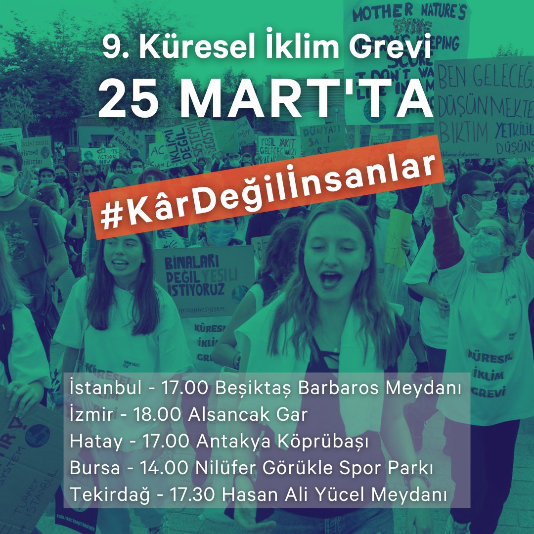 EkoAlan_'s tweet photo. ✊🏻 Genç iklim aktivistleri, 25 Mart Cuma günü #KarDeğilİnsanlar sloganıyla grevde!

Talepleri net: İklim krizine karşı somut ve anlamlı adımlar atılması!

Hadi yarın sen de katıl, seslerini yükselt!

Gençlere destek olmak için: 👉 https://t.co/oB6ikymQzb https://t.co/QF0NXkRQZZ