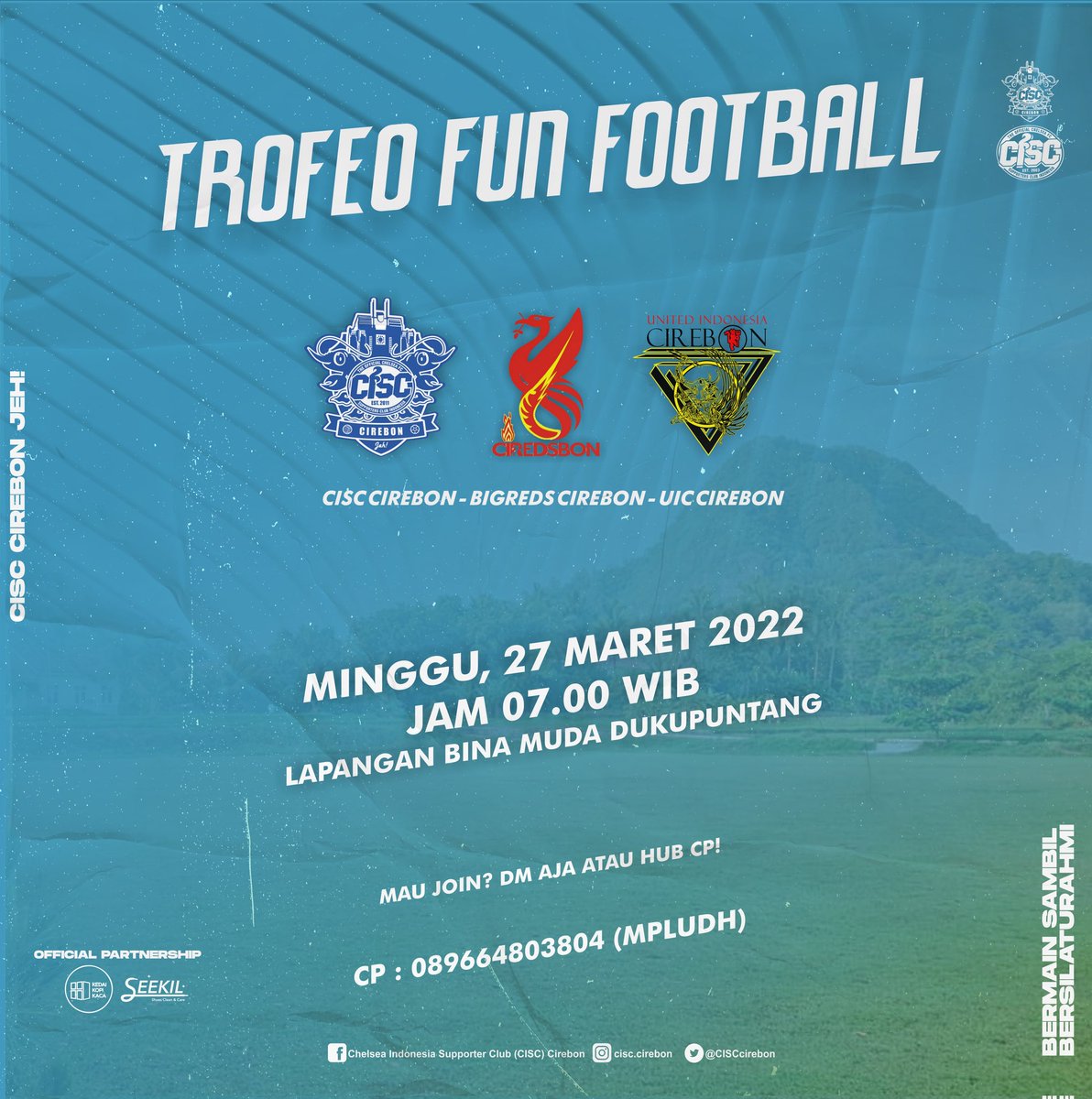 CISC Cirebon Jeh! (@cisccirebon) on Twitter photo TROFEO FUN FOOTBALL
PERDANA!!
Cisc Cirebon - <a href="/BIGREDS_CRB/">THIS IS CIREDSBON</a> - <a href="/UtdIndonesiaCRB/">UtdIndonesia Cirebon</a>
Minggu, 27 Maret 2022
Jam 07.00 Wib
At Lapangan Dukupuntang
Yang ingin join bisa hub Cp atau Dm!
Yuk ramaikan blues!
#ChelseaIndo #Chelseafc TROFEO FUN FOOTBALL
PERDANA!!
Cisc Cirebon - <a href="/BIGREDS_CRB/">THIS IS CIREDSBON</a> - <a href="/UtdIndonesiaCRB/">UtdIndonesia Cirebon</a>
Minggu, 27 Maret 2022
Jam 07.00 Wib
At Lapangan Dukupuntang
Yang ingin join bisa hub Cp atau Dm!
Yuk ramaikan blues!
#ChelseaIndo #Chelseafc