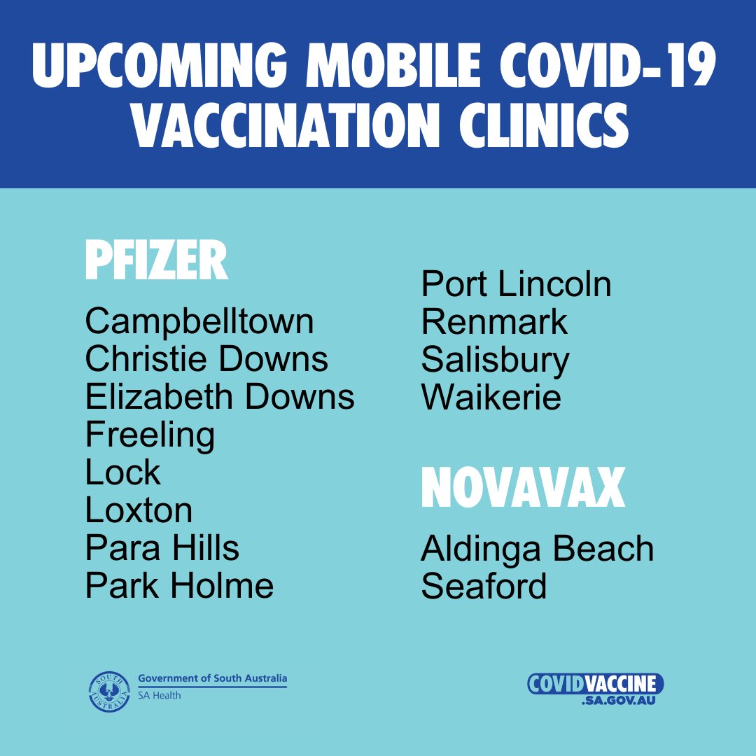SAHealth's tweet photo. You can have your first, second or booster dose at a mobile clinic, subject to availability.
 
Check the website for age eligibility requirements and vaccine availability at each mobile clinic.
 
ℹ For a list of clinics visit https://t.co/IQdiS9iC2Z https://t.co/Y8RwsXKQEl