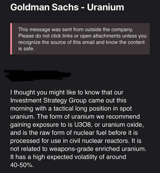 quakes99's tweet photo. Did I miss anything today?🤔 Oh..Wow!.. Holy💩!  Goldman Sachs blasted out thousands of emails today📨   to tell the investing world that they're now in a "tactical long position in spot #Uranium"🤯 on attractive fundamentals🤑 &amp; recommend U do the same with #U3O8🛒⚛️⛏️#Nuclear🐂 https://t.co/bsBxdjVkLy