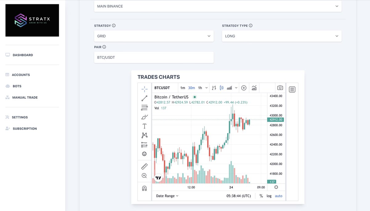 stratxbot's tweet photo. Added support for #TradingView charts, now you can do the analysis before configuring your bot. #stratxbot #binance #BTC #TradingView https://t.co/jyA3CHeQLB