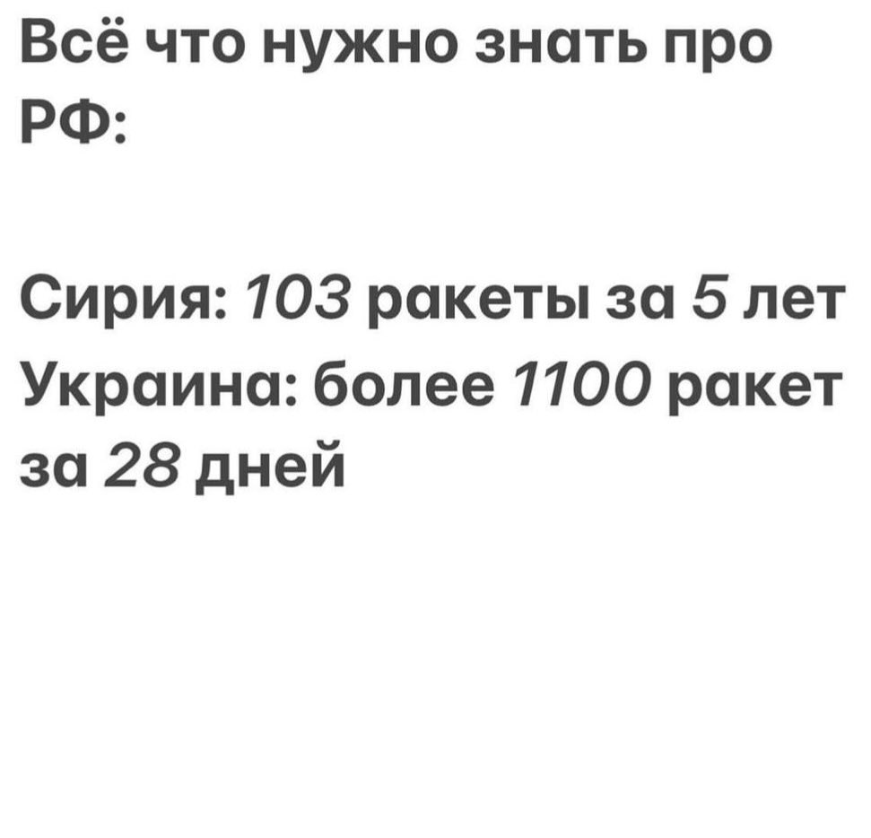 AlexandrVolk0ff's tweet photo. All you need to know about russia 

Syria: 103 missiles for 5 years 
Ukraine: more then 1100 missiles for 28 days 
#StopWar #Ukraine #UkraineUnderAttack #Mariupol #StopPutin #ClosetheSkyoverUkraine #NATO https://t.co/ce65TnRo3j