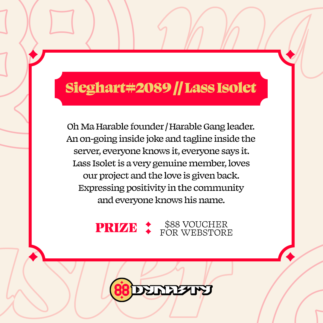 🎉 MASTER SPOTLIGHT 🎉

A token of appreciation for exceptional community members inside our server.

First in, best dressed, Lass Isolet. 👏🏼

Thank you for spreading joy &amp; positivity in the community. Oh Ma Harable bro!