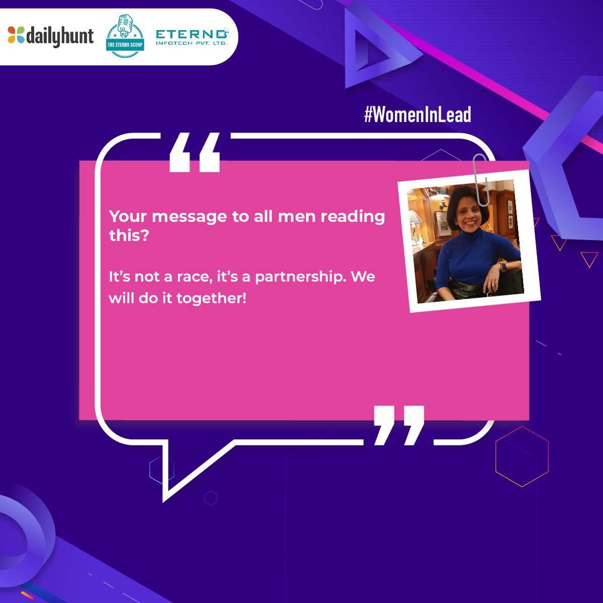 Dailyhunt_India's tweet photo. WomenInlead - Eterno 
Soumya Menon, the #WomanInLead believes it is time for women to come forward and make headlines. In a candid conversation with her, she expresses her beliefs and things that keep her moving

#WomenAtDailyhunt #WomenInLead #BreaktheBias  #WorkCulture https://t.co/tJ4PMcu5im