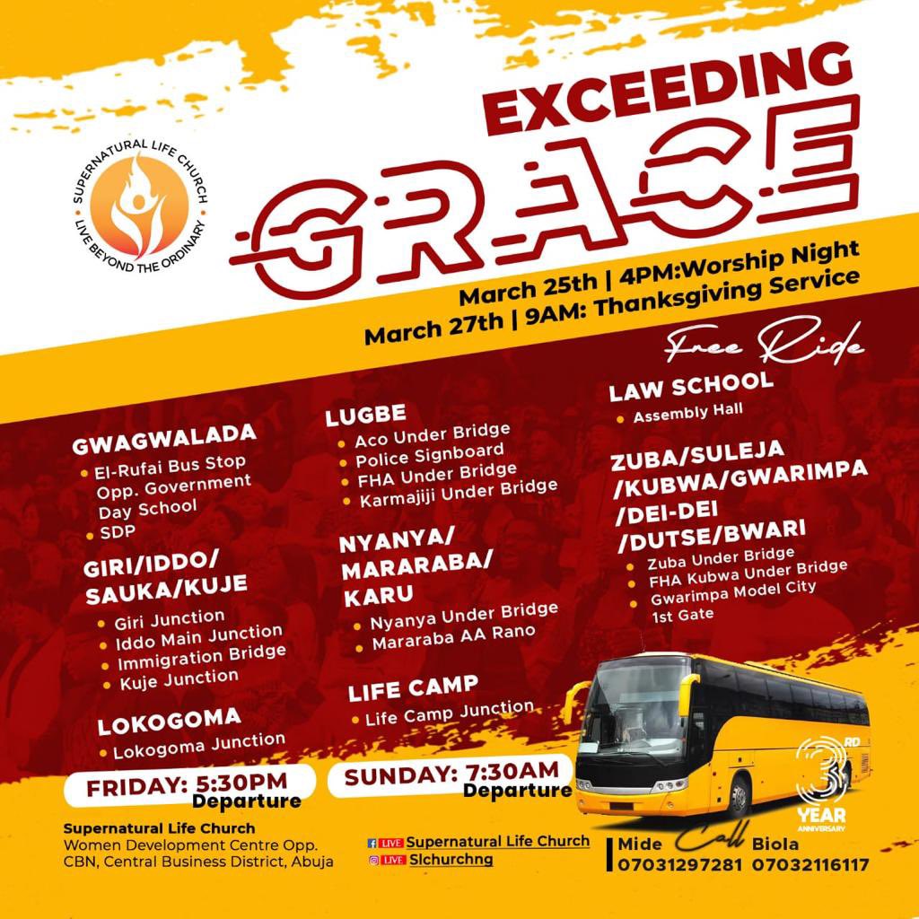 slchurchng's tweet photo. We are ready for tomorrow 💃🏽🙌🏽
Are you ready?
. 
. 

We have free buses coming from every major route in Abuja. 
Just call and hop in. 
Jesus has paid for your seat. 

#TheSLCexperience
#slcconvention2022
#slcis3
#ExceedingGrace https://t.co/OyHZHAa6Q3