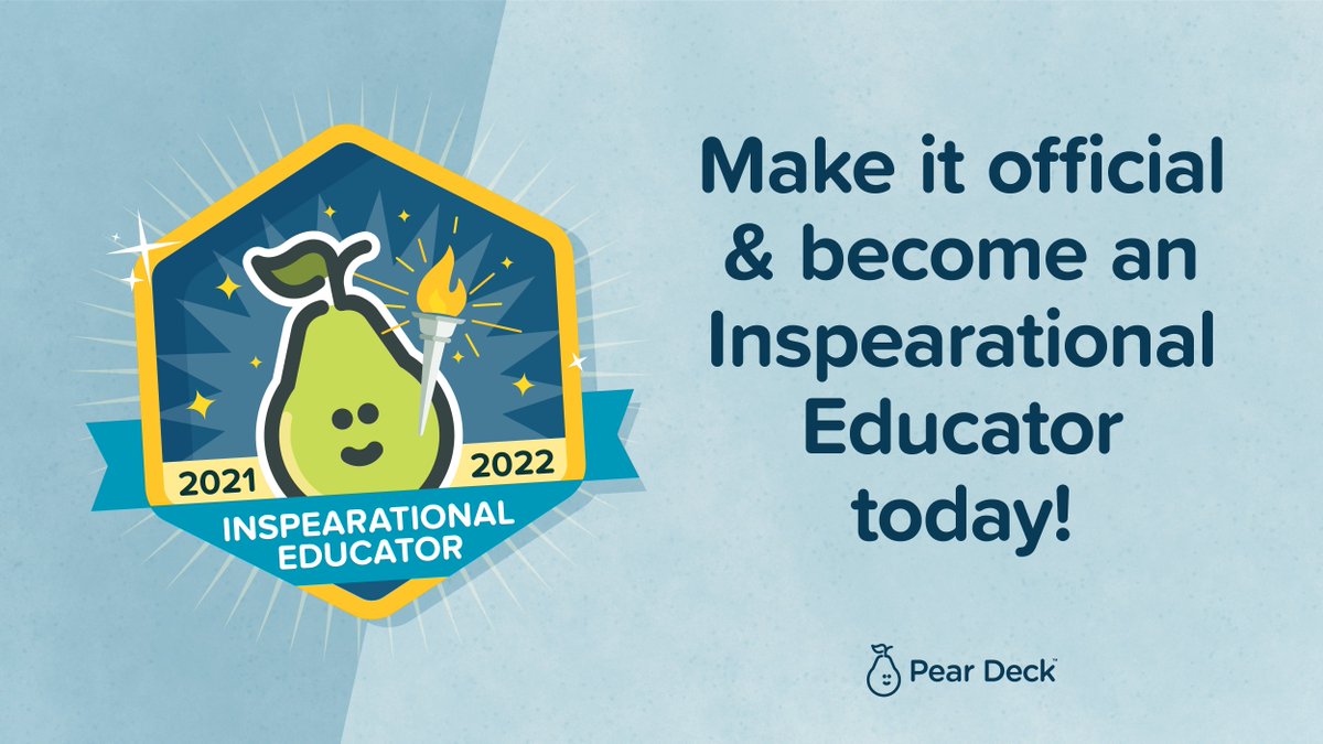 PearDeck's tweet photo. Have you hard of our Inspearational Educator program? 🔥✨

Earning your Inspearational Educator badge is a great way to showcase your #PearDeck know-how to colleagues, school leaders, &amp; your PLN! Learn more and apply here ✨➡️ https://t.co/BbLAZO242k #K12 #EdChat #EduTwitter https://t.co/ytpK5Xbedy