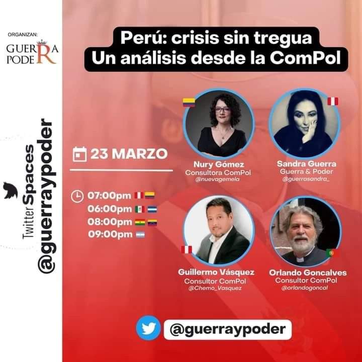 Si te perdiste el Twitter Spaces de: Perú, crisis sin tregua. Un análisis desde la #Compol, puedes escucharlo en:👇
x.com/i/spaces/1zqKV…

👉Analizaron:
<a href="/nuevagemela/">Nury Astrid Gomez</a>  <a href="/Chemo_Vasquez/">✠ Guillermo Vásquez 🇵🇪</a> <a href="/GuerraSandra_/">Sandra Guerra</a> 
.
.
#PedroCastillo #Peru #crisispolitica #comgub