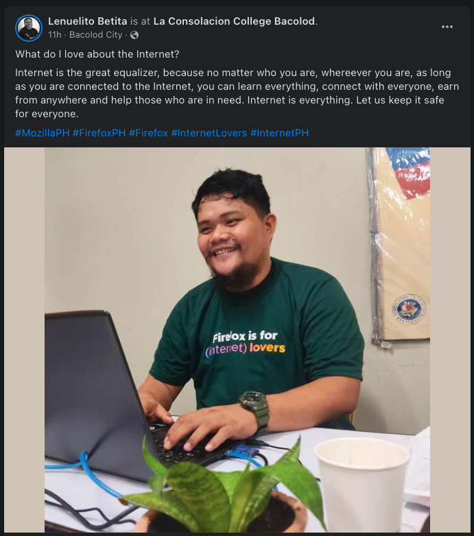 MozillaPH's tweet photo. We asked Pinoy Mozillians what do they love about the Internet...
#MozillaPH #FirefoxPH #Mozilla #Firefox #InternetLovers #InternetPH #PHInternet #FirefoxFriday https://t.co/xUy4AgWRxr
