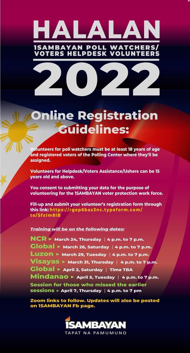 1SambayanSor's tweet photo. Gusto mo bang mag-volunteer sa halalan bilang POLL WATCHER o HELP DESK para sa ating mga pambato na sina Leni Robredo, Kiko Pangilinan, at 1Sambayan senatoriables?

Kung OO ang sagot, mag-register dito: https://t.co/jKU6UoeZVo

1SAMBAYAN on FB: https://t.co/XdQvkxdq5b

Details👇 https://t.co/LqzoPXI9vG