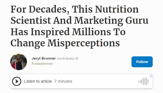 MelissaJoyRD's tweet photo. For Decades, This Nutrition Scientist And Marketing Guru Has Inspired Millions To Change Misperceptions
Great article by @JerylBrunner @Forbes on @RainsTM 
https://t.co/3I7qZjbWWZ
@knowmsg #knowmsg #msg https://t.co/ouduNq5n5c