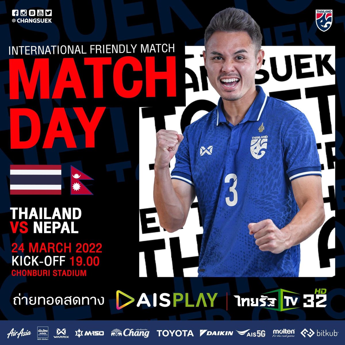 TL_Central's tweet photo. For the first time since January 1, 2022 … IT’S GAME DAY!! 

⚽️ Thailand vs Nepal
🏟 Chonburi 
⏰ 19.00 
📺 AIS PLAY / Thairath TV 32 https://t.co/K25jjecP3j