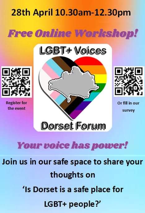 🌈 Are you an LGBT+ person who would like to discuss the safety of LGBT+ people in Dorset?
👇 this free workshop or survey.. <a href="/IntercomTrust/">Intercom Trust</a> @SpaceDorset <a href="/DorsetMind/">Dorset Mind</a> <a href="/WeymouthGayGrp/">Weymouth Gay Group</a> <a href="/BULGBTQ/">BU LGBTQ+ Society</a> @DorsetLGBTVoice <a href="/otrbournemouth/">Over the Rainbow</a> <a href="/WeAreWithYou/">With You</a> <a href="/LGBTConsortium/">Consortium</a> @pfdorset <a href="/helpandcare/">Help & Care</a>