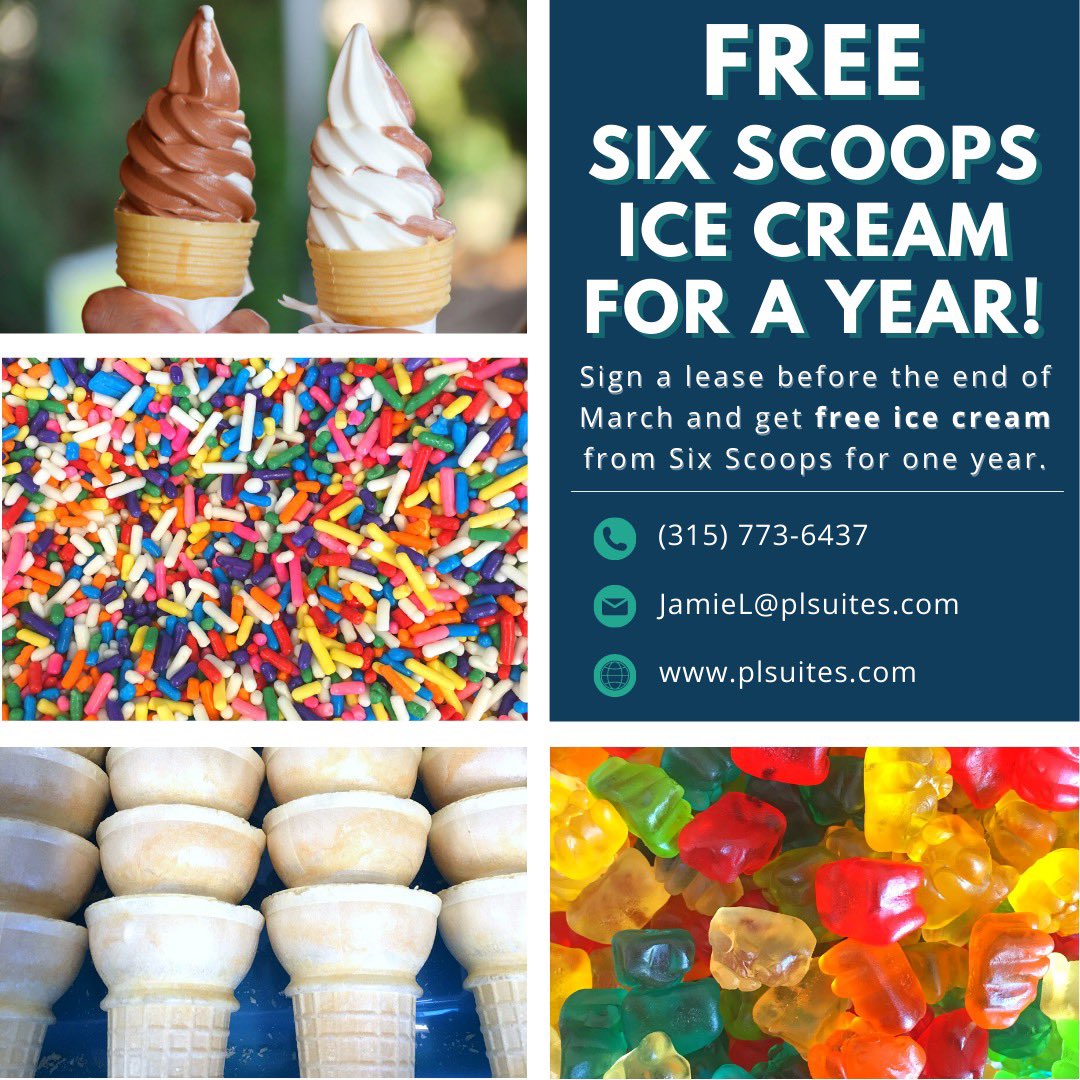 PLSOswego's tweet image. Don’t miss this sweet new deal! Sign a lease before the end of this month and get FREE ICE CREAM from @SixScoopsOswego for a year! 🍦

📍 247 W Utica Street Oswego, NY
☎️ (315) 773-6473
✉️ Email: JamieL@plsuites.com

#PLSOswego #OswegoNY #SUNYOswego #OswegoState #LiveTheSuiteLife
