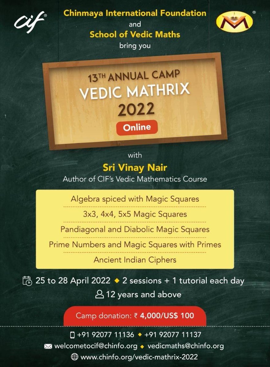ciftweets's tweet image. Hari Om.
CIF is back with its annual #VedicMathrix Online Camp facilitated by Sri Vinay Nair, author of CIF’s Vedic Mathematics Course. This camp focusses on intriguing topics like Algebra, Magic Squares, Ancient Indian Ciphers &amp;amp; much more.

Enrol now!
bit.ly/vedicmaths-2022